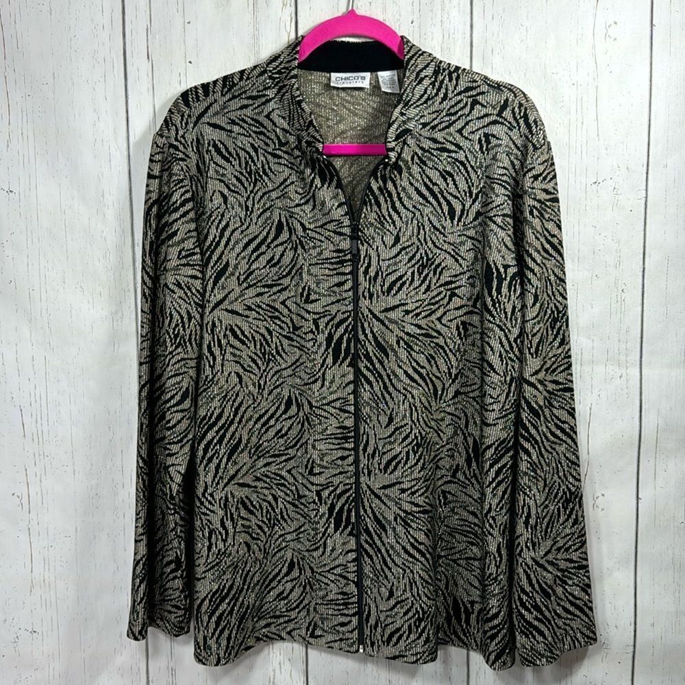 Chicos Travelers Black Gold Metallic Zip Jacket Blouse Size L Evening Holiday